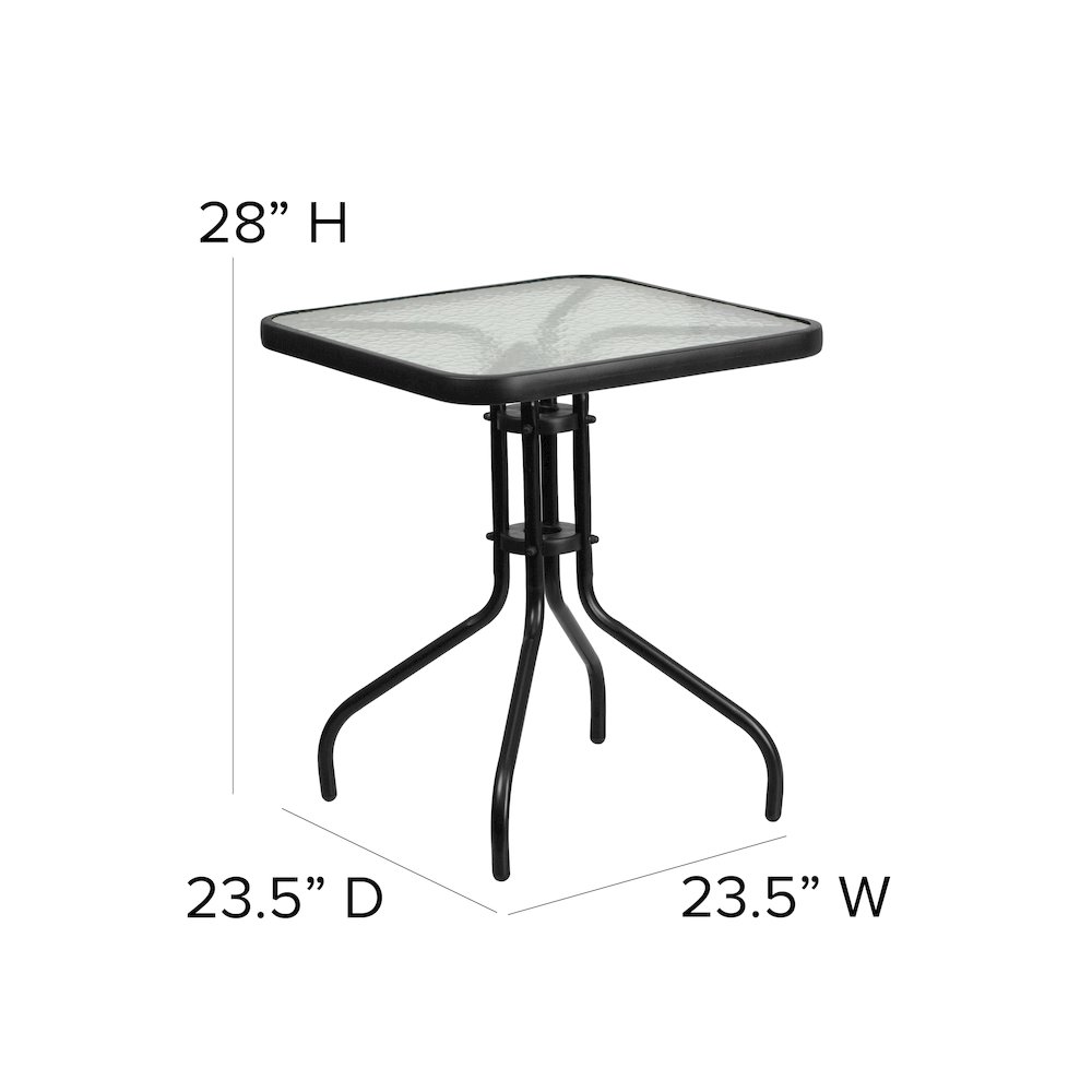 23.5'' Square Glass Metal Table with 2 Black Metal Aluminum Slat Stack Chairs. Picture 5