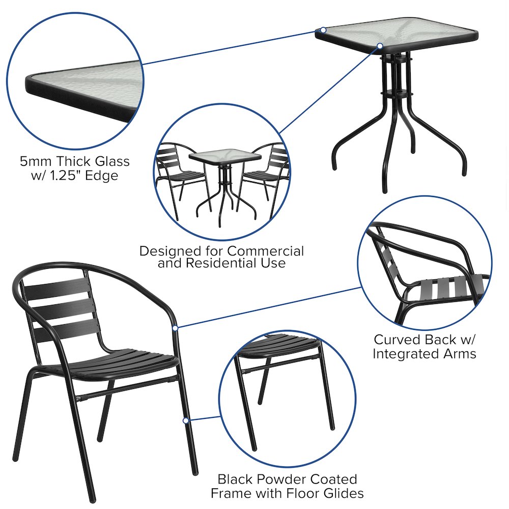 23.5'' Square Glass Metal Table with 2 Black Metal Aluminum Slat Stack Chairs. Picture 4