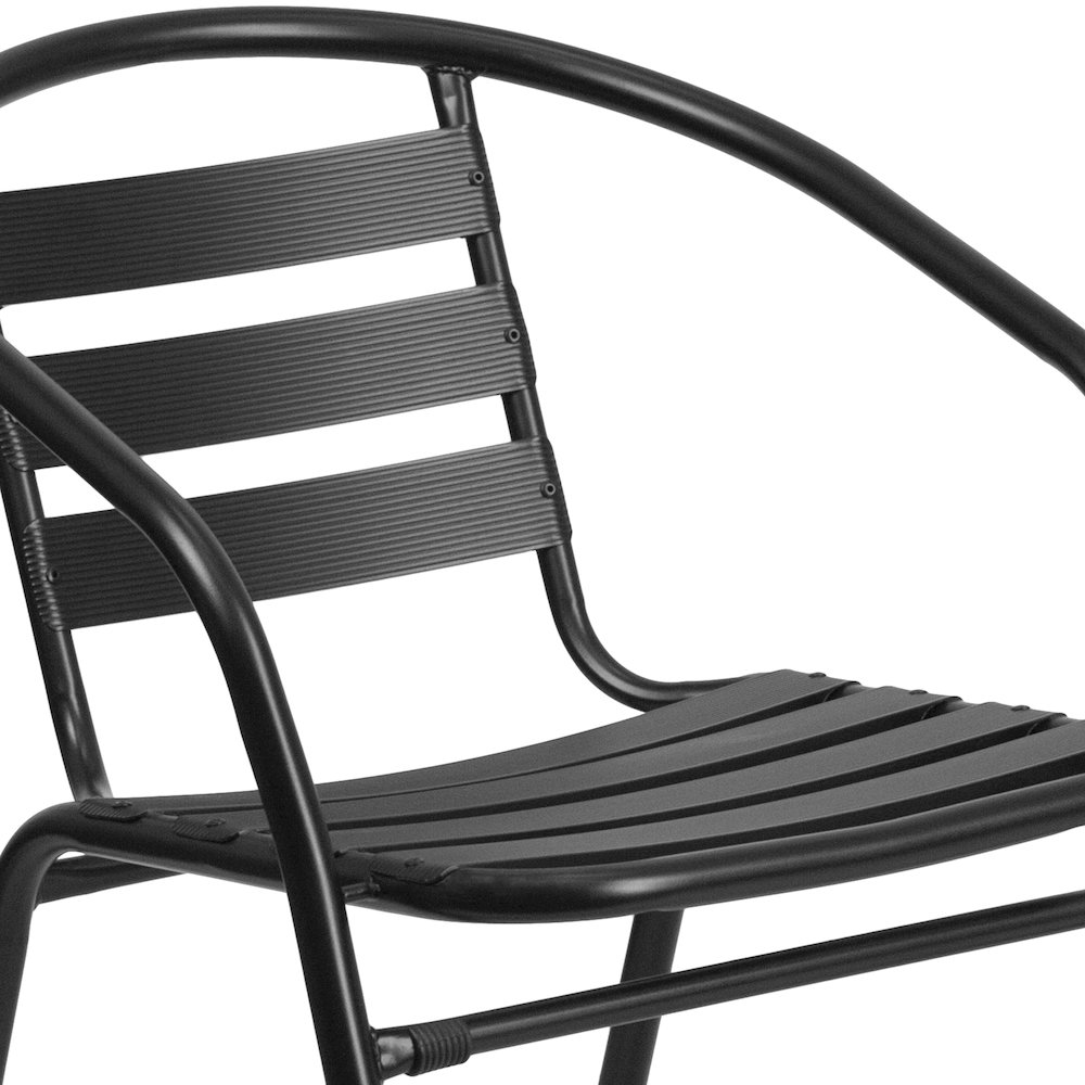 23.5'' Square Glass Metal Table with 2 Black Metal Aluminum Slat Stack Chairs. Picture 10