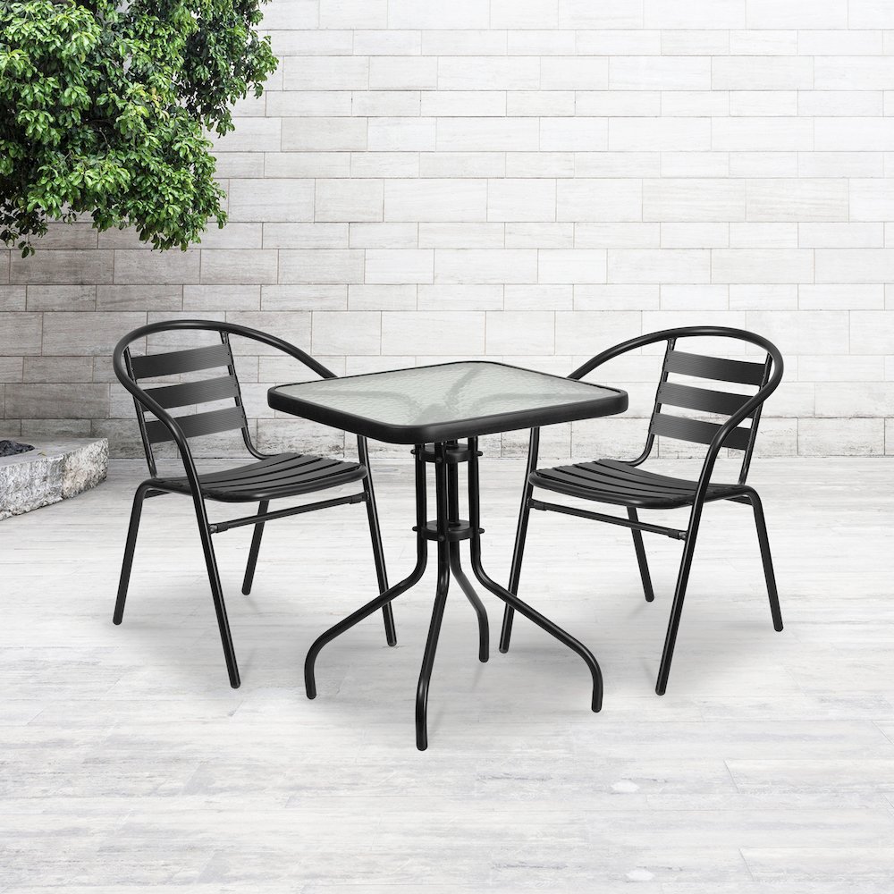 23.5'' Square Glass Metal Table with 2 Black Metal Aluminum Slat Stack Chairs. Picture 2