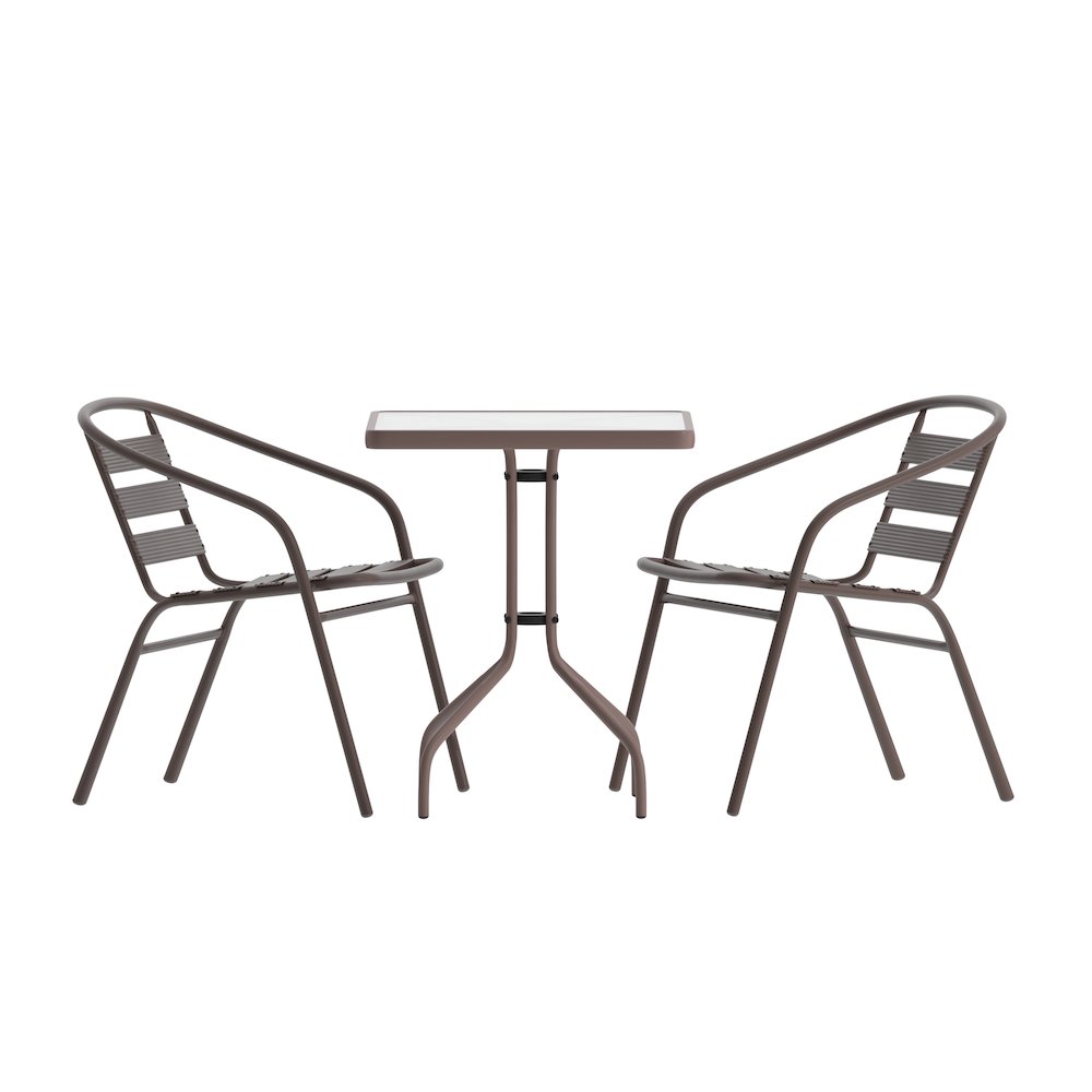 23.5'' Square Glass Top Metal Table with 2 Bronze Aluminum Slat Stack Chairs. Picture 1