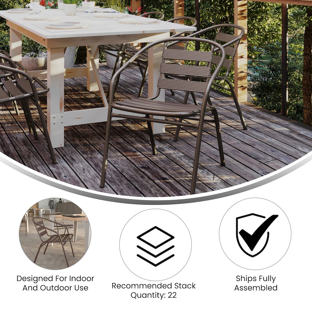23.5'' Square Glass Top Metal Table with 2 Bronze Aluminum Slat Stack Chairs. Picture 4