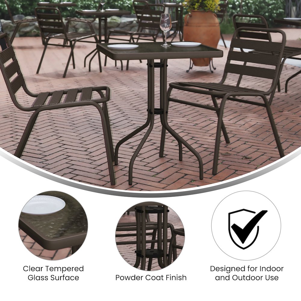 23.5'' Square Glass Top Metal Table with 2 Bronze Aluminum Slat Stack Chairs. Picture 5