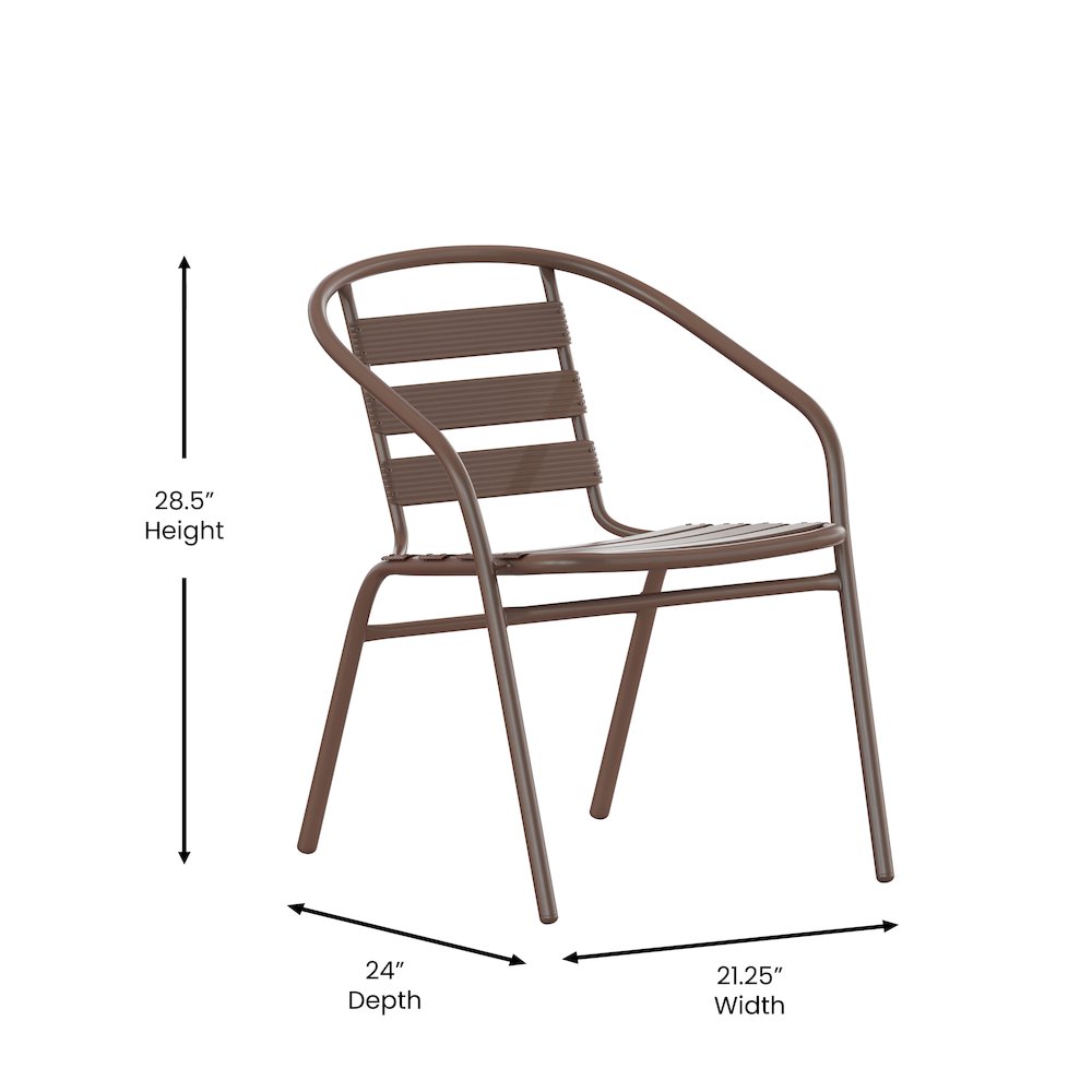 23.5'' Square Glass Top Metal Table with 2 Bronze Aluminum Slat Stack Chairs. Picture 6