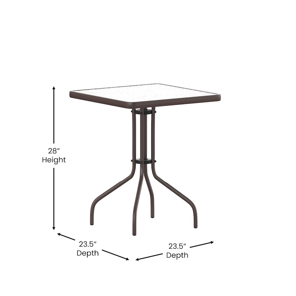 23.5'' Square Glass Top Metal Table with 2 Bronze Aluminum Slat Stack Chairs. Picture 7