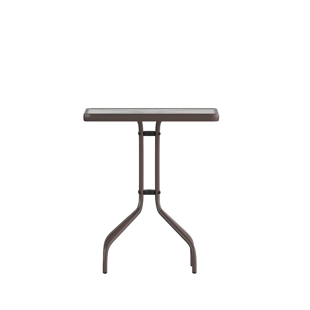 23.5'' Square Glass Top Metal Table with 2 Bronze Aluminum Slat Stack Chairs. Picture 13