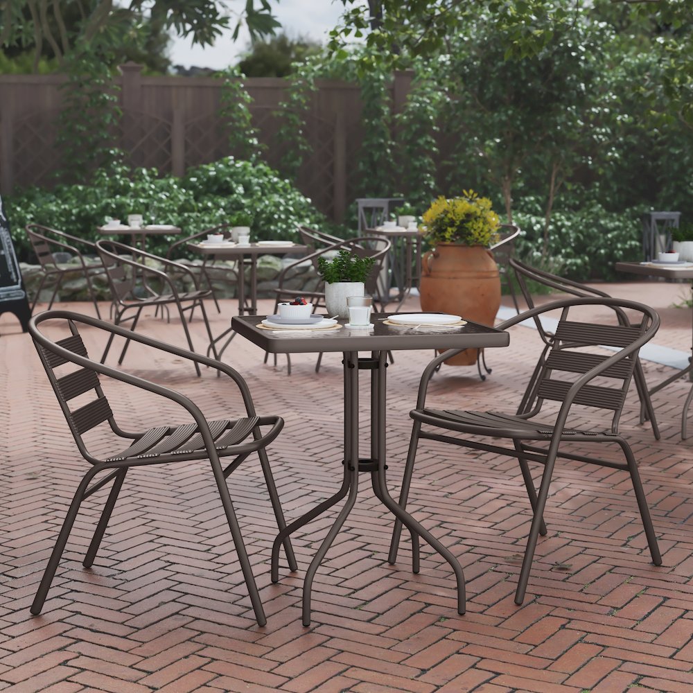 23.5'' Square Glass Top Metal Table with 2 Bronze Aluminum Slat Stack Chairs. Picture 3