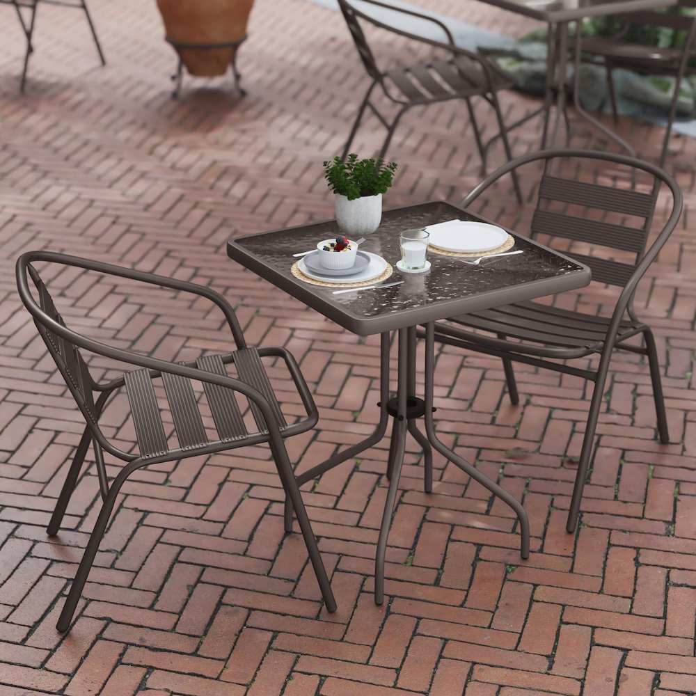 23.5'' Square Glass Top Metal Table with 2 Bronze Aluminum Slat Stack Chairs. Picture 8
