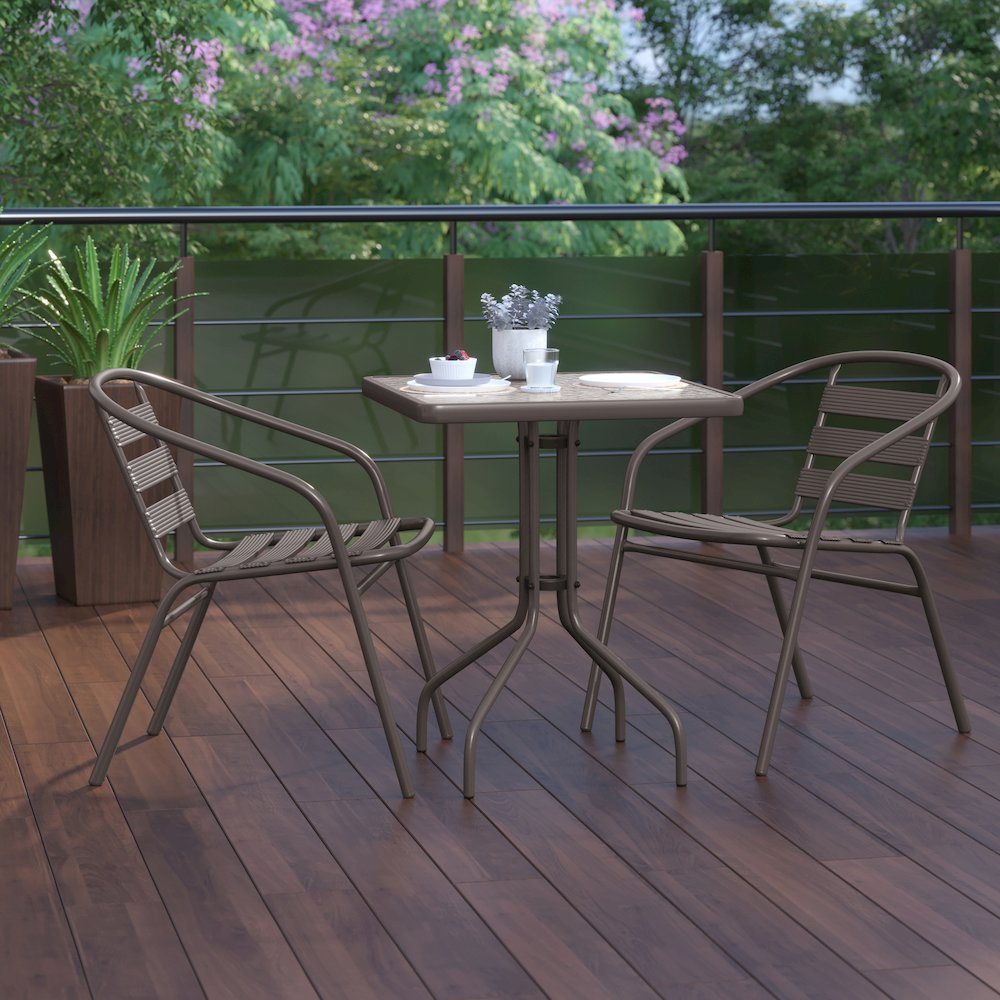 23.5'' Square Glass Top Metal Table with 2 Bronze Aluminum Slat Stack Chairs. Picture 9