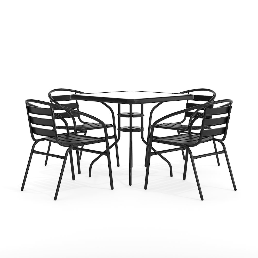31.5'' Square Glass Metal Table with 4 Black Metal Aluminum Slat Stack Chairs. Picture 1