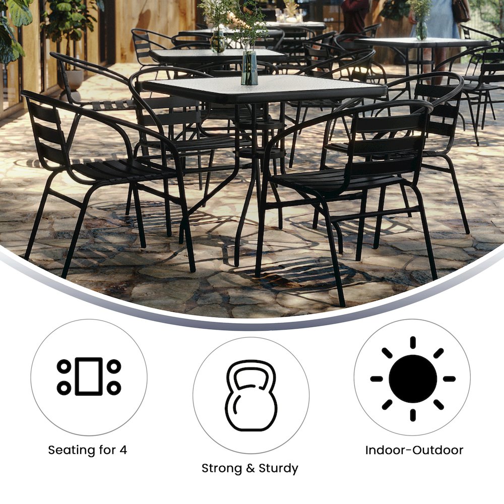 31.5'' Square Glass Metal Table with 4 Black Metal Aluminum Slat Stack Chairs. Picture 5