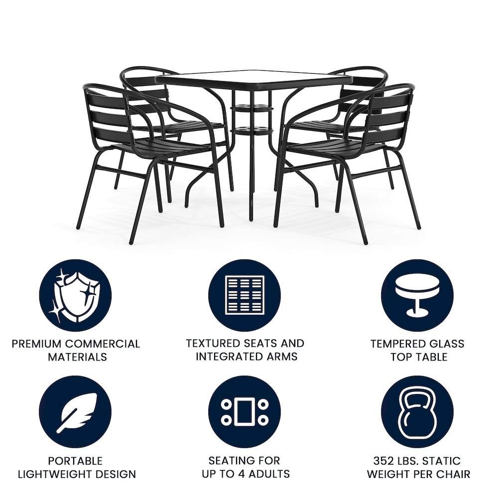 31.5'' Square Glass Metal Table with 4 Black Metal Aluminum Slat Stack Chairs. Picture 4