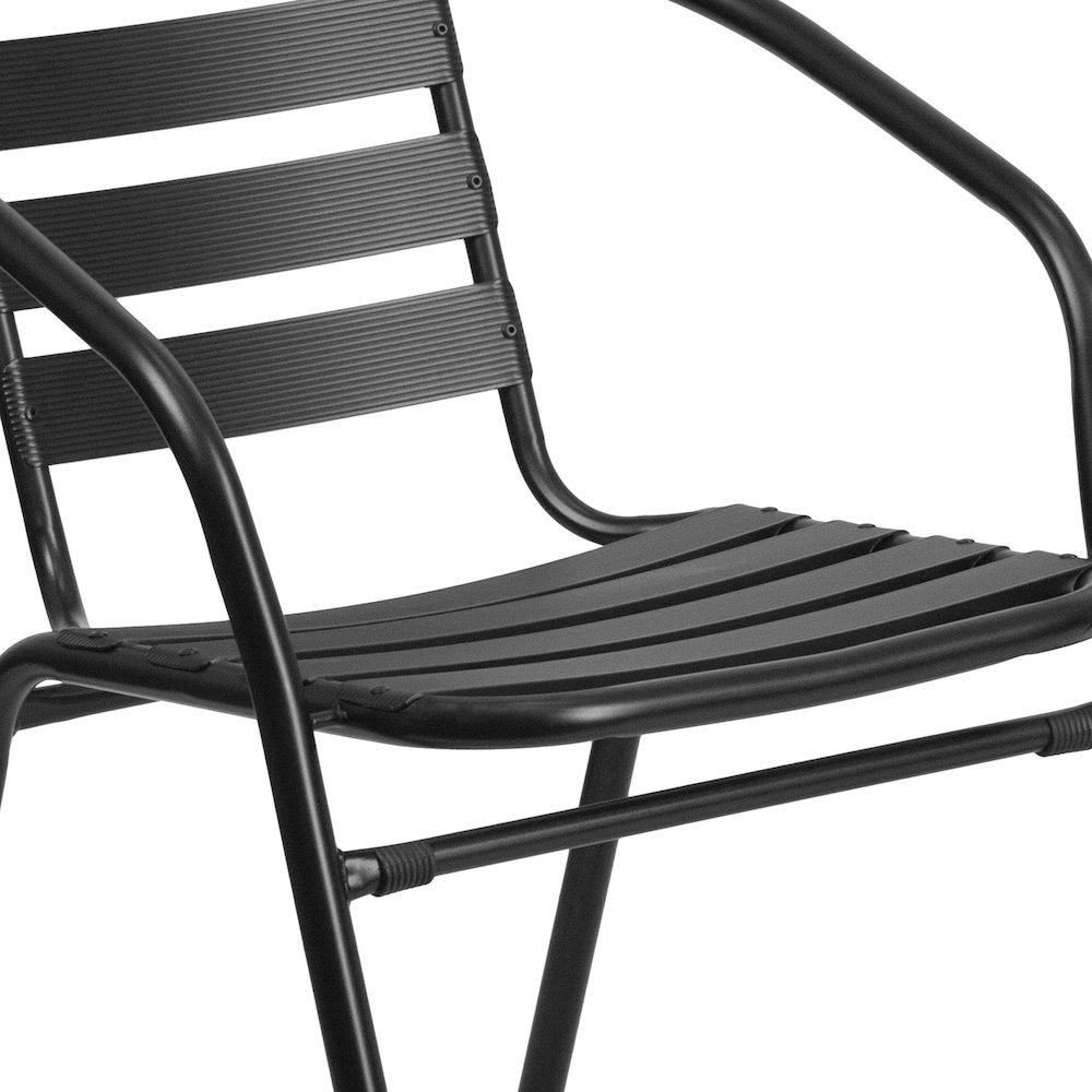 31.5'' Square Glass Metal Table with 4 Black Metal Aluminum Slat Stack Chairs. Picture 11