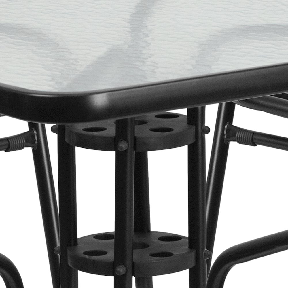 31.5'' Square Glass Metal Table with 4 Black Metal Aluminum Slat Stack Chairs. Picture 12