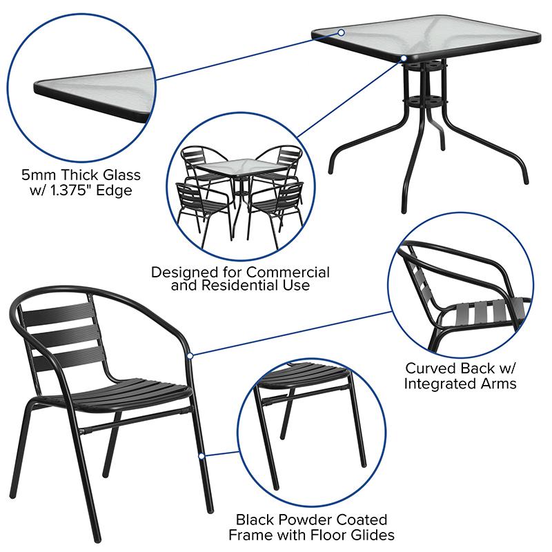 31.5'' Square Glass Metal Table with 4 Black Metal Aluminum Slat Stack Chairs. Picture 4