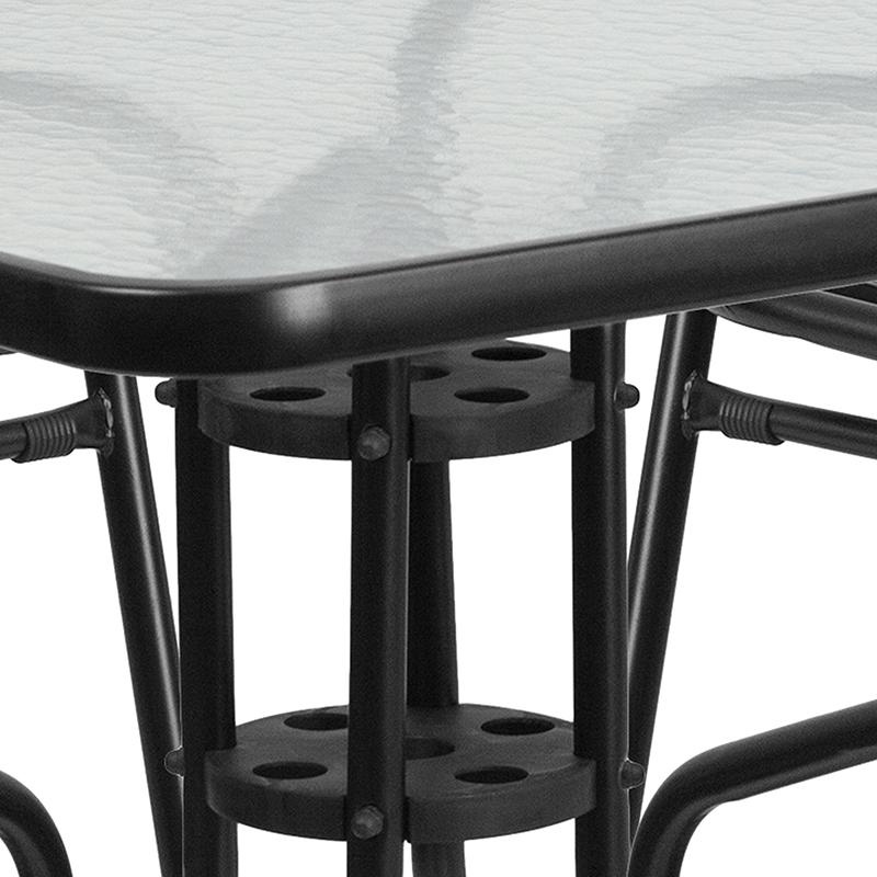31.5'' Square Glass Metal Table with 4 Black Metal Aluminum Slat Stack Chairs. Picture 5