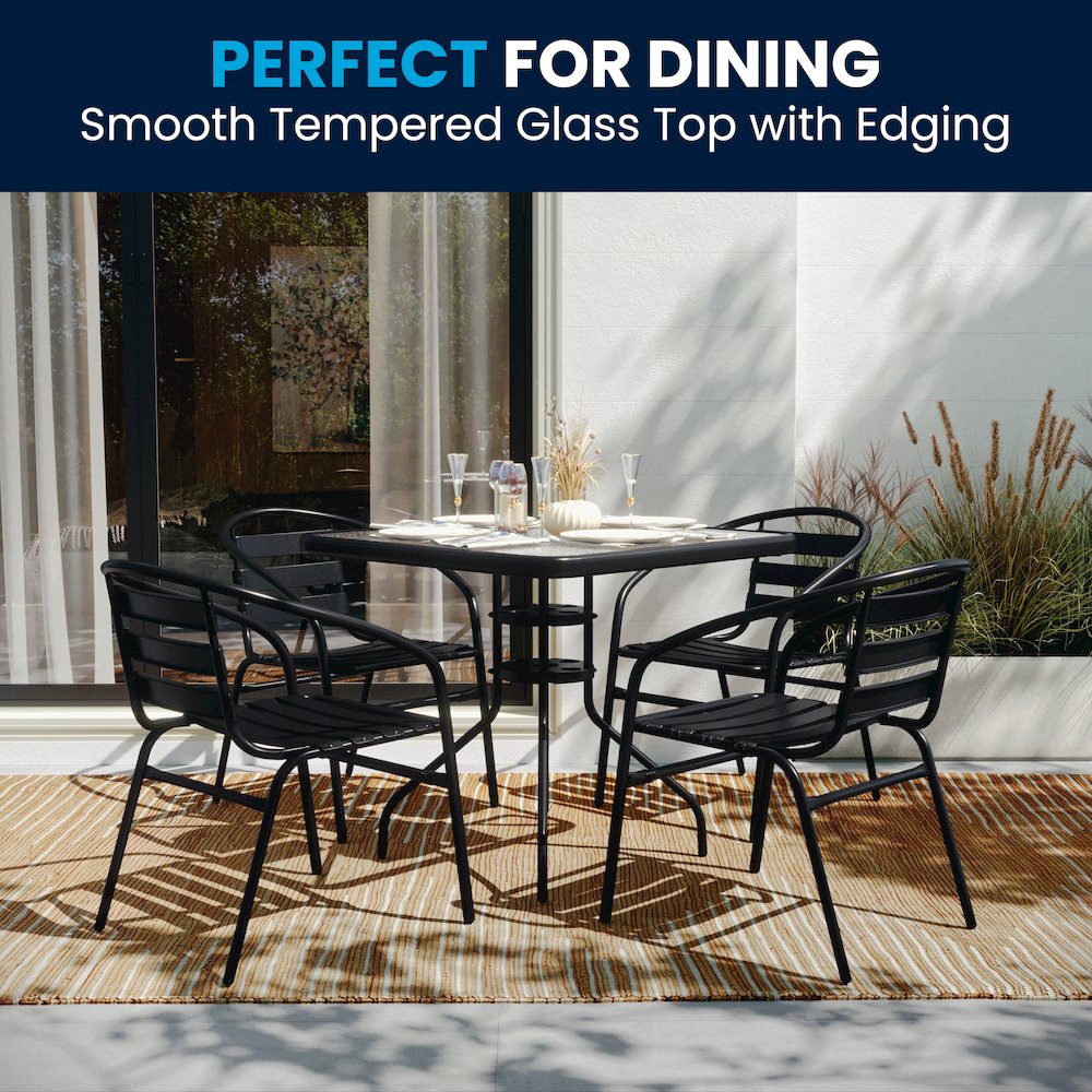 31.5'' Square Glass Metal Table with 4 Black Metal Aluminum Slat Stack Chairs. Picture 9