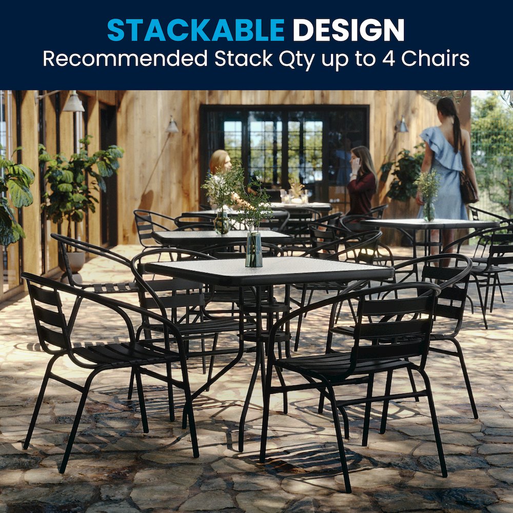 31.5'' Square Glass Metal Table with 4 Black Metal Aluminum Slat Stack Chairs. Picture 10