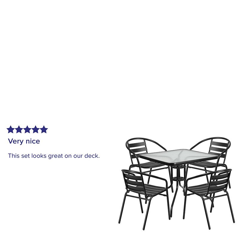 31.5'' Square Glass Metal Table with 4 Black Metal Aluminum Slat Stack Chairs. Picture 8