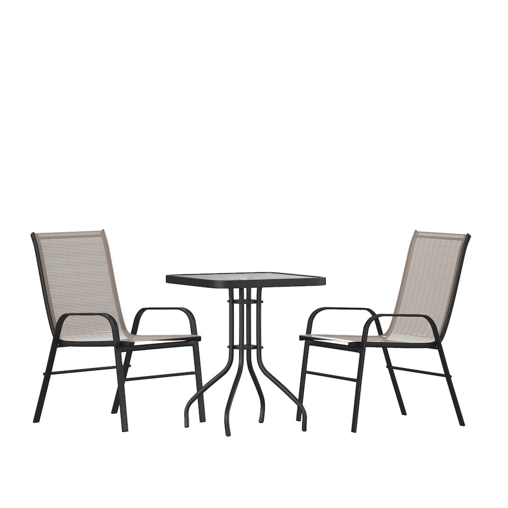 3 Piece Set - 23.5" Tempered Glass Patio Table, 2 Brown Stack Chairs. Picture 1