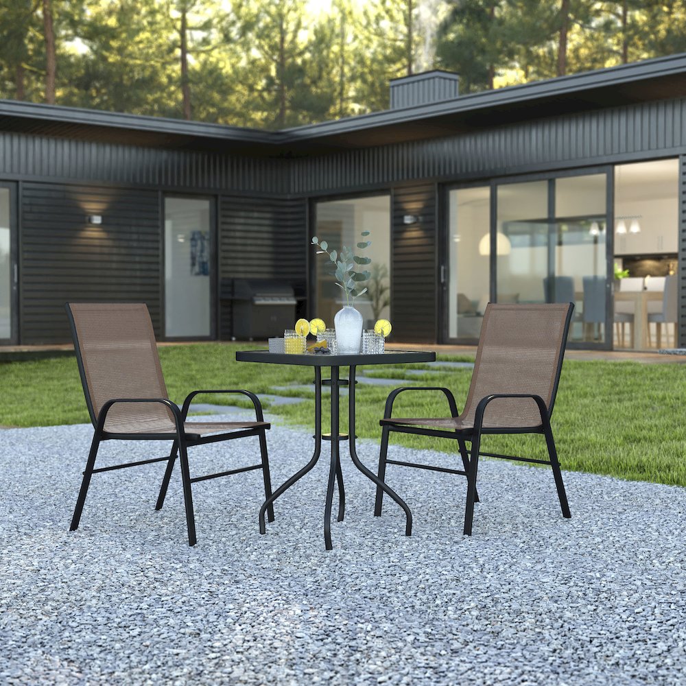 3 Piece Set - 23.5" Tempered Glass Patio Table, 2 Brown Stack Chairs. Picture 2
