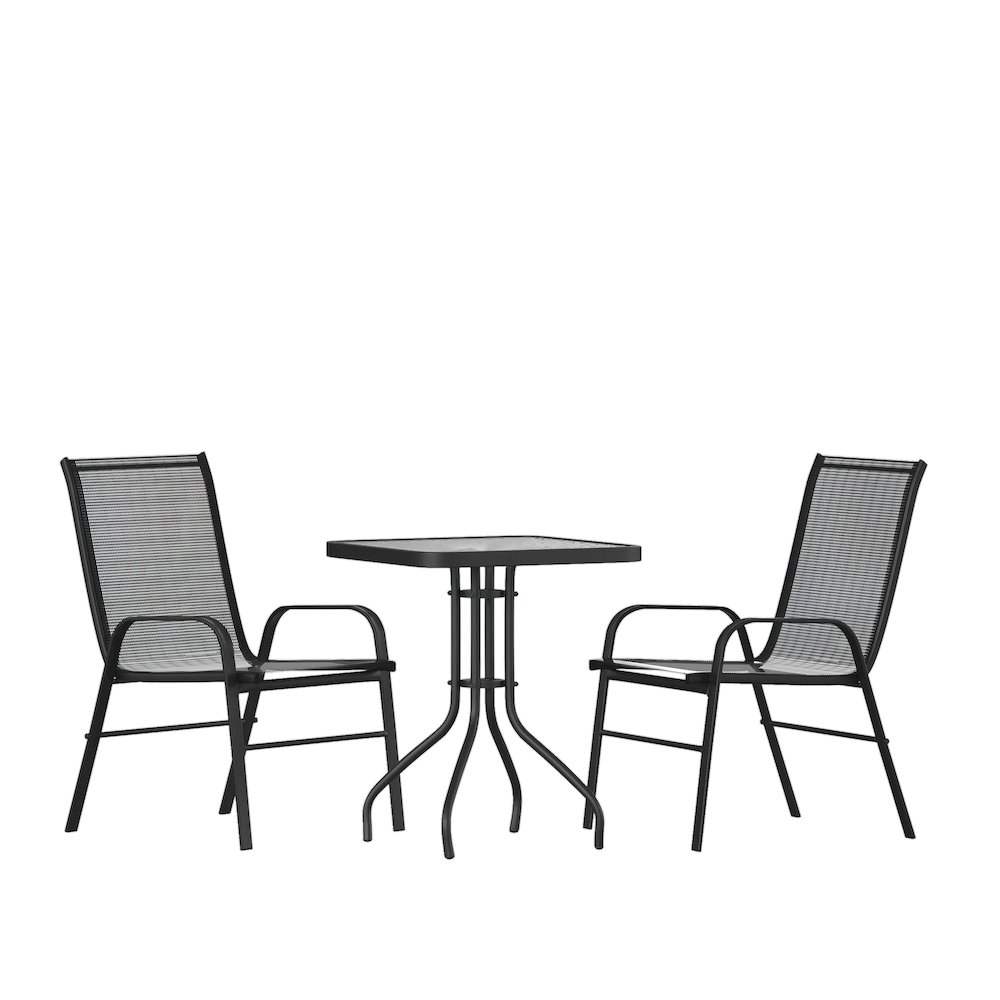 3 Piece Set - 23.5" Tempered Glass Patio Table, 2 Black Stack Chairs. Picture 1