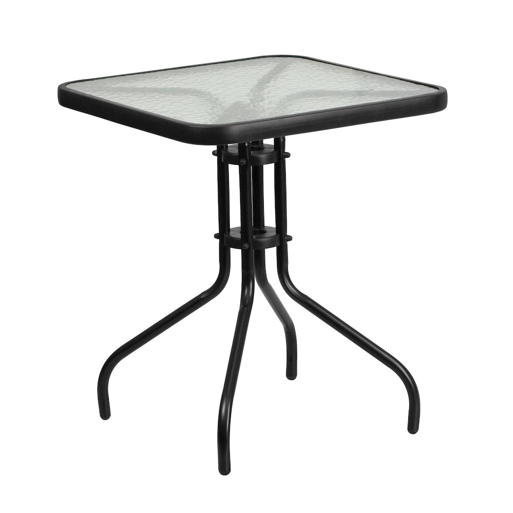 3 Piece Set - 23.5" Tempered Glass Patio Table, 2 Black Stack Chairs. Picture 8