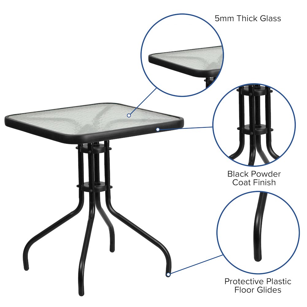 3 Piece Set - 23.5" Tempered Glass Patio Table, 2 Black Stack Chairs. Picture 4
