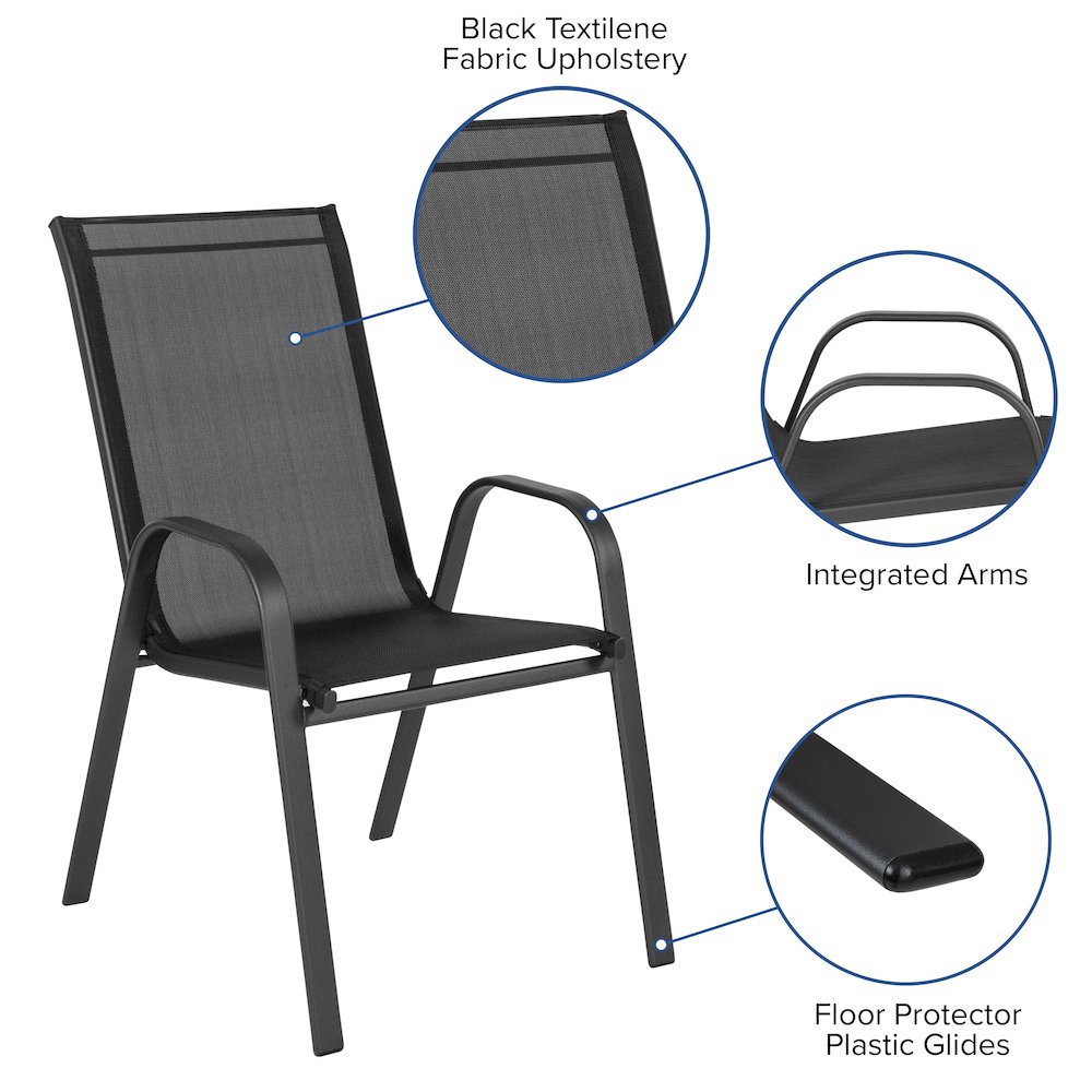 3 Piece Set - 23.5" Tempered Glass Patio Table, 2 Black Stack Chairs. Picture 5