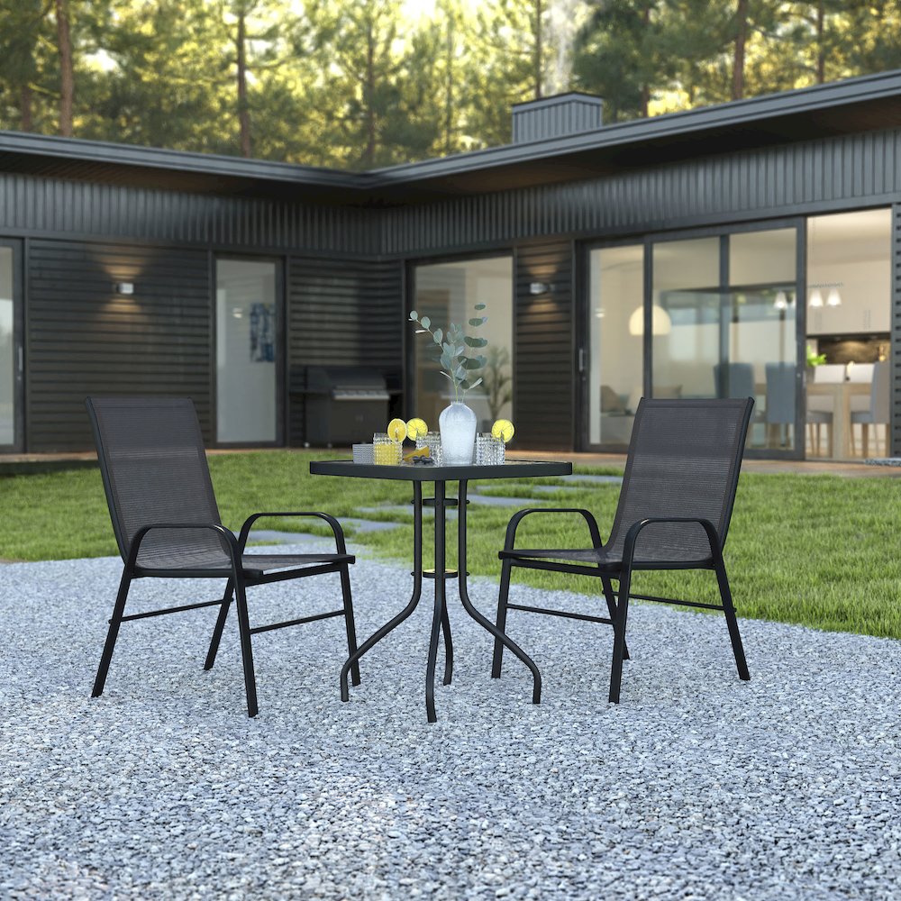 3 Piece Set - 23.5" Tempered Glass Patio Table, 2 Black Stack Chairs. Picture 2