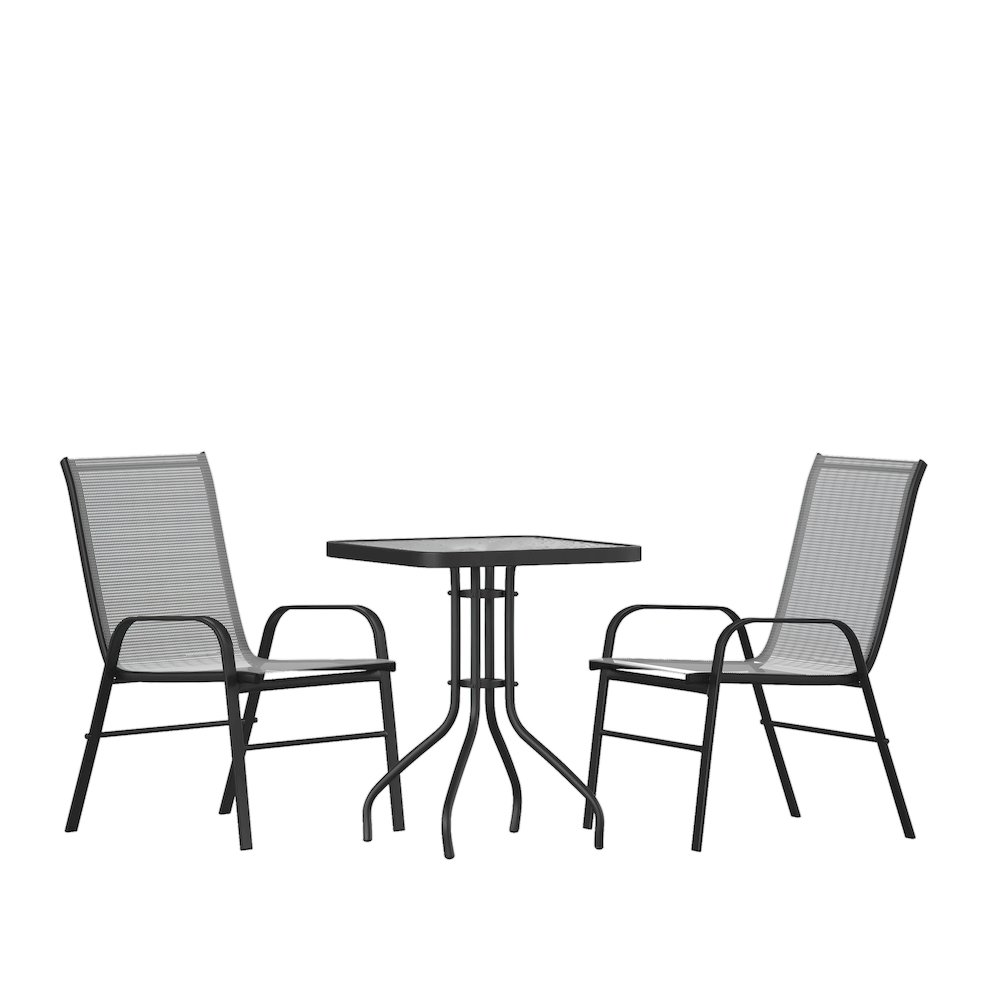 3 Piece Set - 23.5" Tempered Glass Patio Table, 2 Gray Stack Chairs. Picture 1