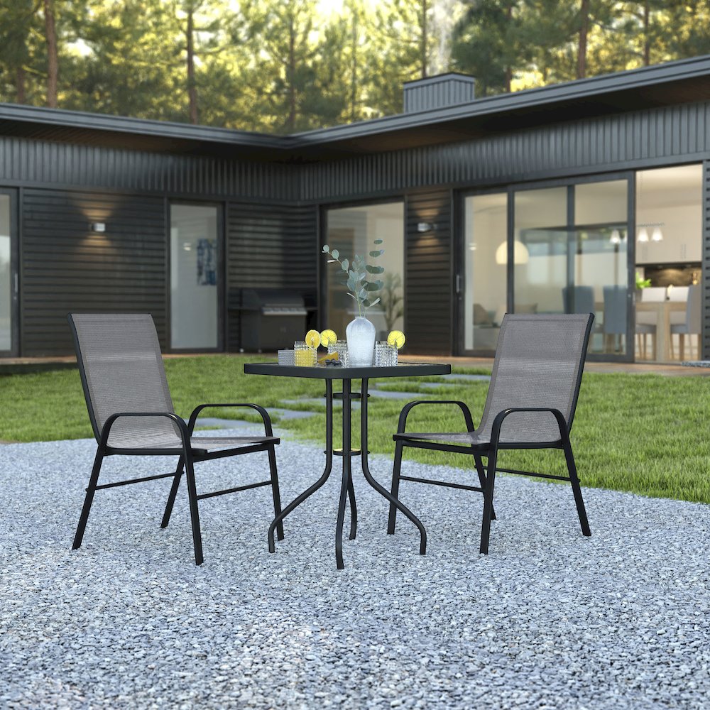 3 Piece Set - 23.5" Tempered Glass Patio Table, 2 Gray Stack Chairs. Picture 2