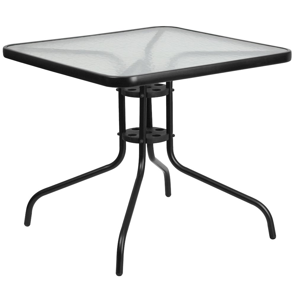 5 Piece Set - 31.5" Tempered Glass Patio Table, 4 Brown Stack Chairs. Picture 8