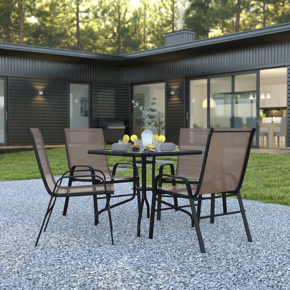 5 Piece Set - 31.5" Tempered Glass Patio Table, 4 Brown Stack Chairs. Picture 2