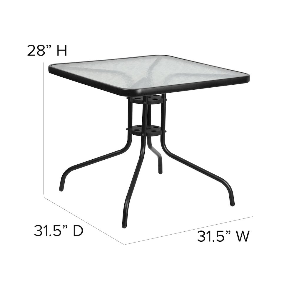 5 Piece Set - 31.5" Tempered Glass Patio Table, 4 Black Stack Chairs. Picture 8