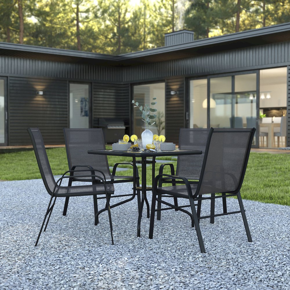 5 Piece Set - 31.5" Tempered Glass Patio Table, 4 Black Stack Chairs. Picture 9