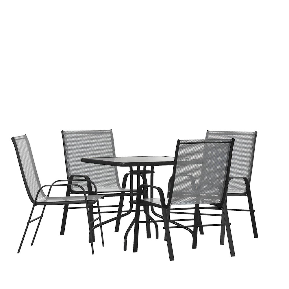 5 Piece Set - 31.5" Tempered Glass Patio Table, 4 Gray Stack Chairs. Picture 1