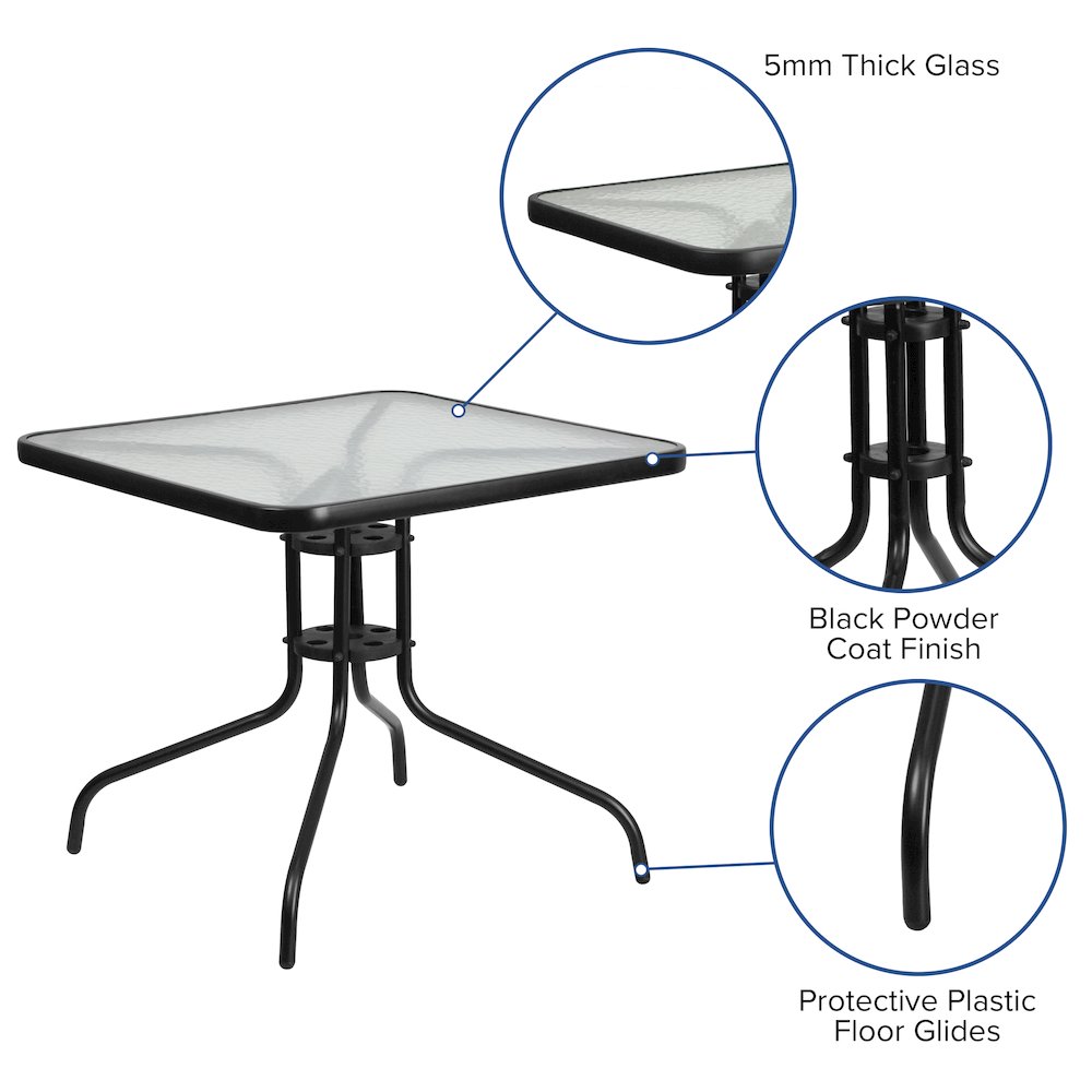 5 Piece Set - 31.5" Tempered Glass Patio Table, 4 Gray Stack Chairs. Picture 4