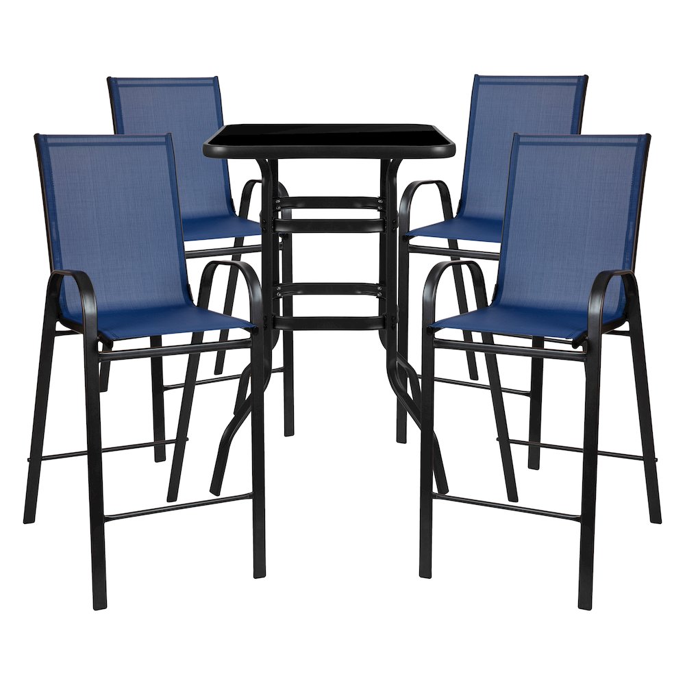 Dining Set - 4-Person Bistro Set - Brazos Glass Bar Table with Navy Patio Stools. Picture 1