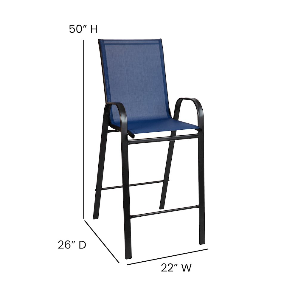 Dining Set - 4-Person Bistro Set - Brazos Glass Bar Table with Navy Patio Stools. Picture 7