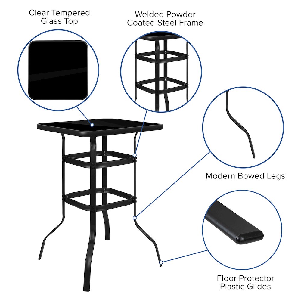 Dining Set - 4-Person Bistro Set - Brazos Glass Bar Table with Navy Patio Stools. Picture 4