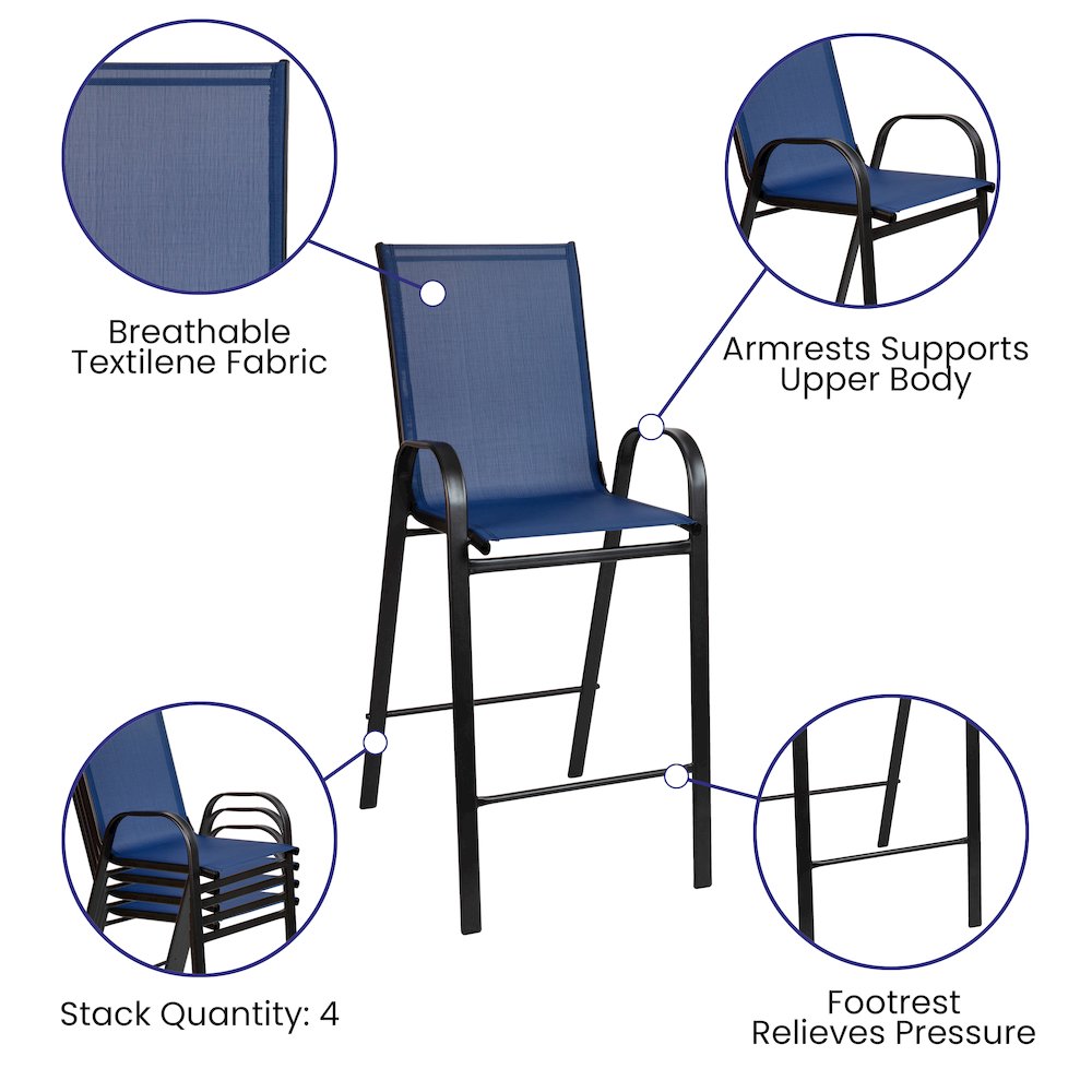 Dining Set - 4-Person Bistro Set - Brazos Glass Bar Table with Navy Patio Stools. Picture 5