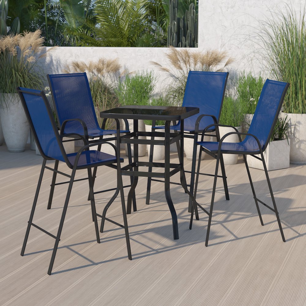 Dining Set - 4-Person Bistro Set - Brazos Glass Bar Table with Navy Patio Stools. Picture 2