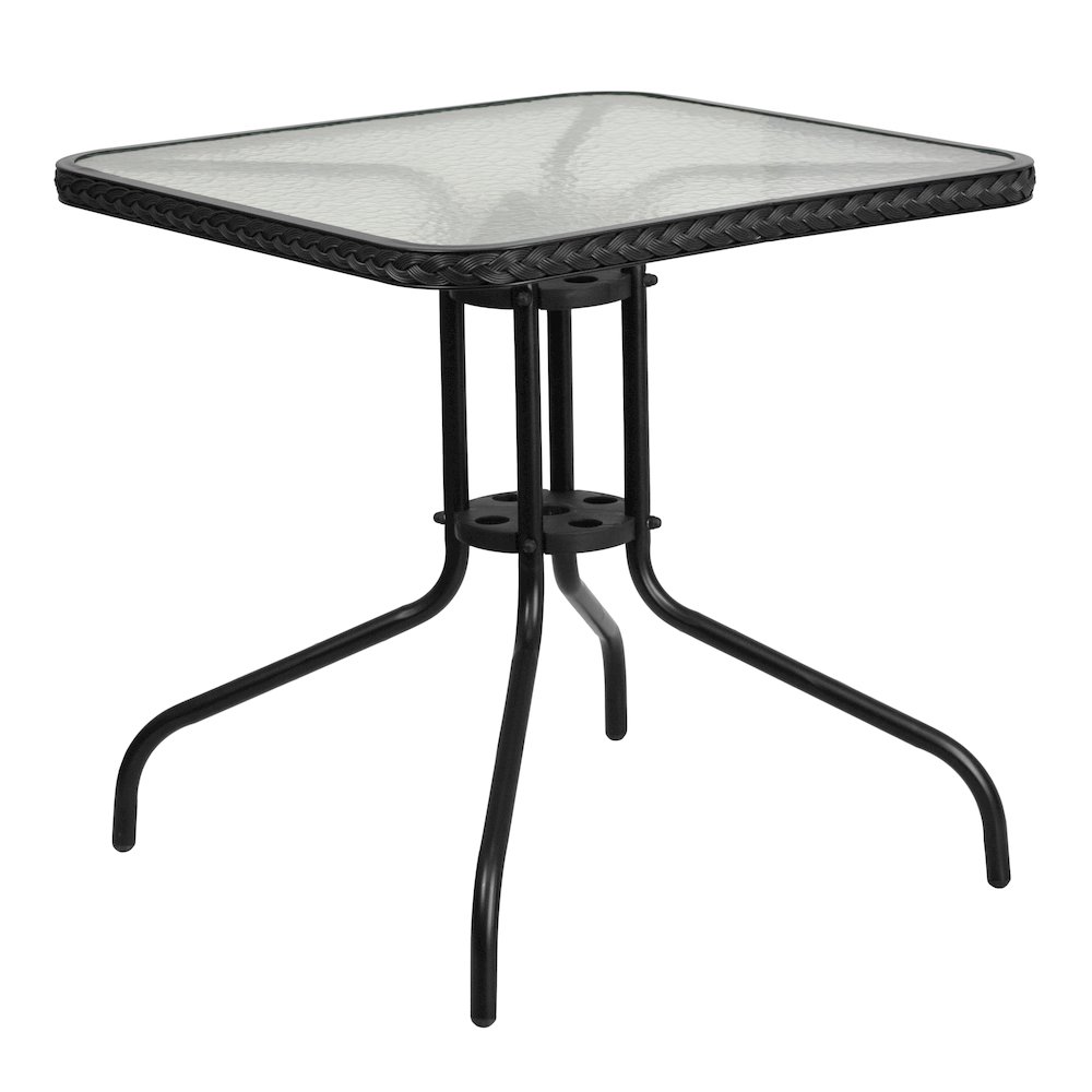 28'' Square Tempered Glass Metal Table with Black Rattan Edging. Picture 1