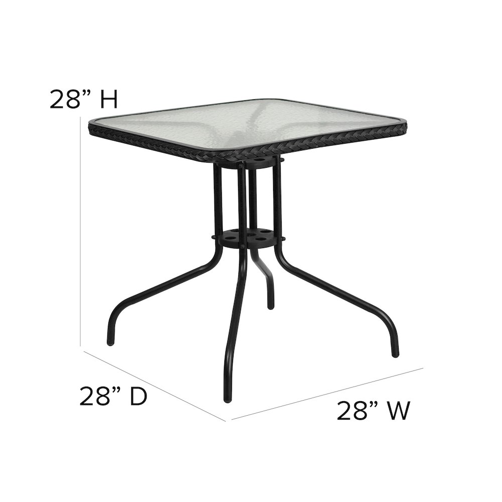 28'' Square Tempered Glass Metal Table with Black Rattan Edging. Picture 6