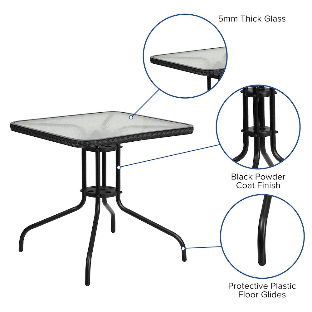 28'' Square Tempered Glass Metal Table with Black Rattan Edging. Picture 5