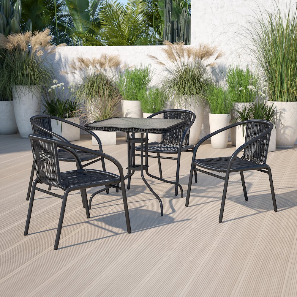 28'' Square Tempered Glass Metal Table with Black Rattan Edging. Picture 2