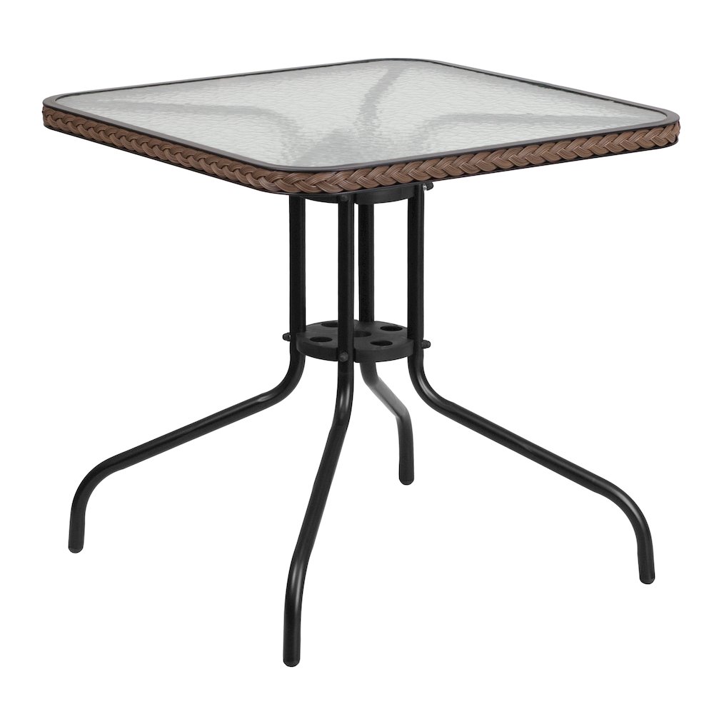 28'' Square Tempered Glass Metal Table with Dark Brown Rattan Edging. Picture 1