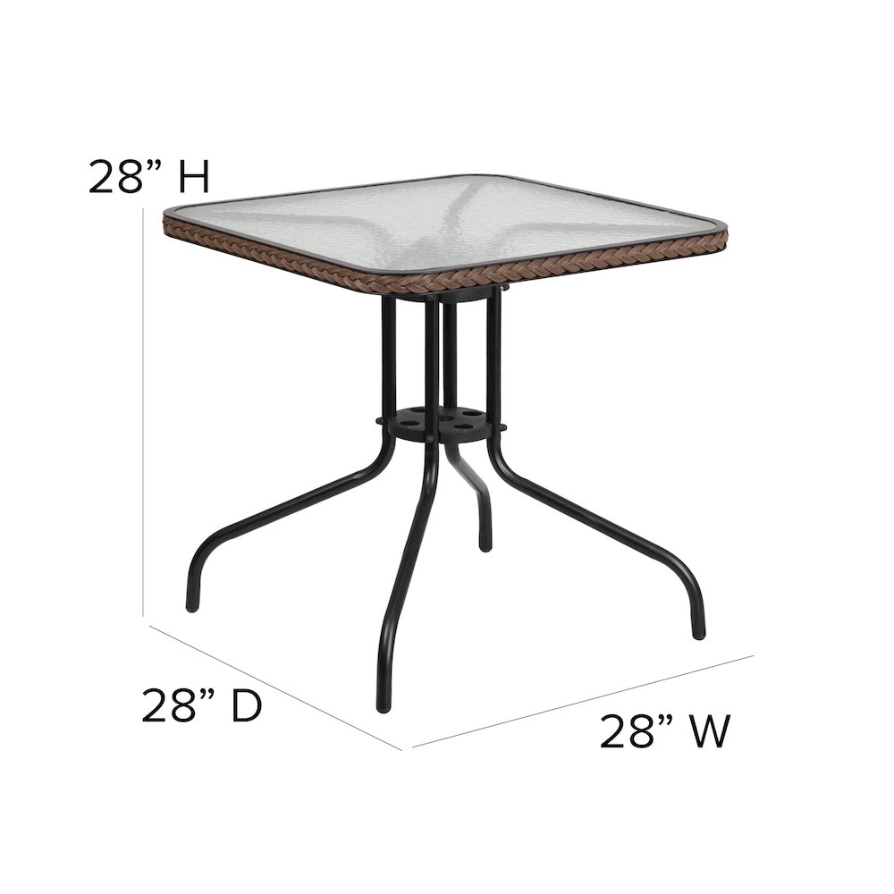 28'' Square Tempered Glass Metal Table with Dark Brown Rattan Edging. Picture 6