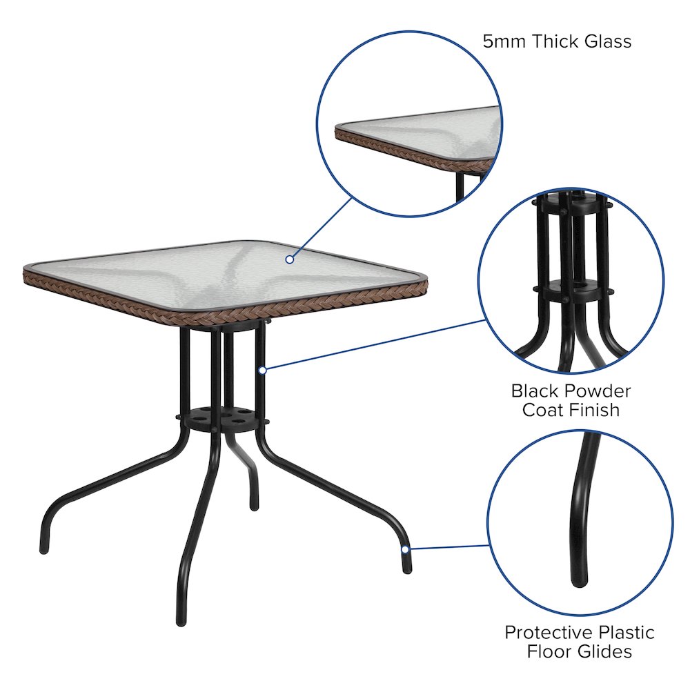 28'' Square Tempered Glass Metal Table with Dark Brown Rattan Edging. Picture 5